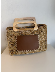 Borsa in rafia e pelle marrone