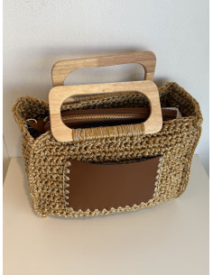 Borsa in rafia e pelle marrone 2
